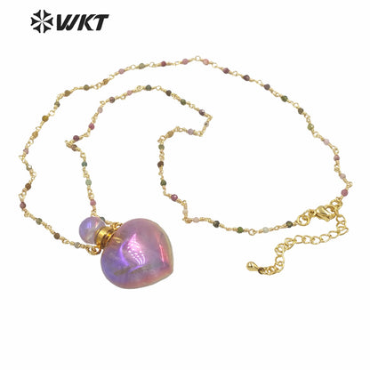WT-N1238 Wholesale Gorgeous Amazing Heart Purple Bottle Necklace Natural a Methyst Stone Heart Perfume Bottle Necklace