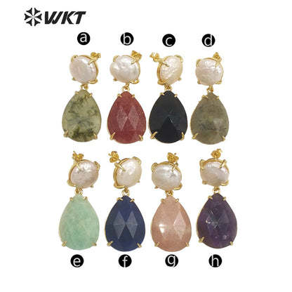 WT-E696 Amazing the Royal Nobility Gorgeous Design Women Natural Gemstone Teardrop Earrings with Pearl Studs in Resist Gold