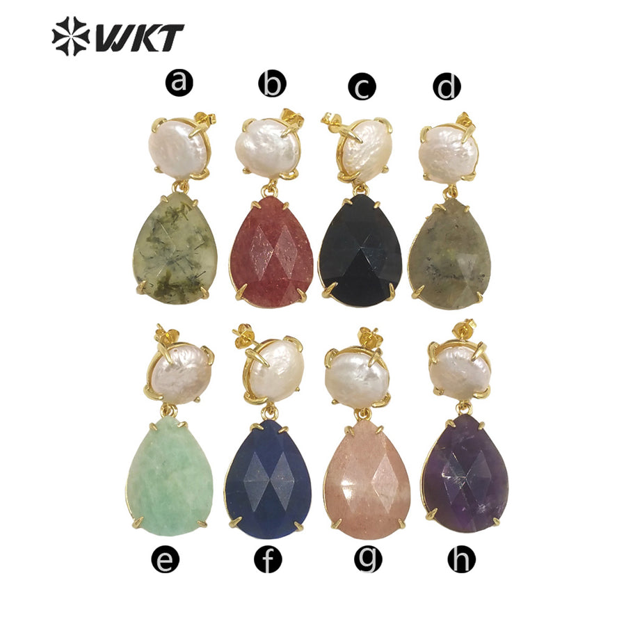 WT-E696 Amazing the Royal Nobility Gorgeous Design Women Natural Gemstone Teardrop Earrings with Pearl Studs in Resist Gold