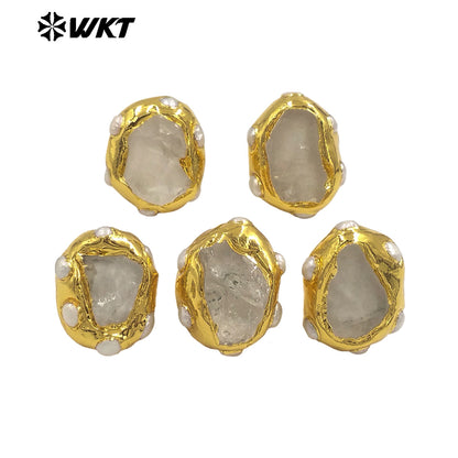 WT-MPR135 Top Quality Excellent Women And Men Jewelry Gold Electroplated With Raw Crystal Quartz Stone Adjustable Size Rings