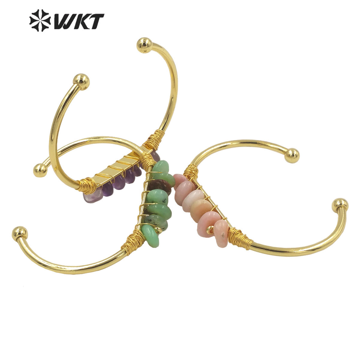 WT-B580 WKT Lovely Popular Gold Electroplated Open Size Cuff Bangle Women Bohemian Natural Gemstone Beads Wire Wrapped Bangle