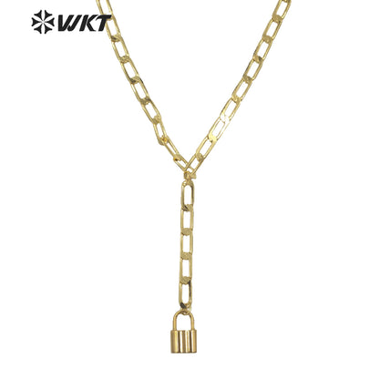 WT-N1307 Wholesale New Fashion 18k Real Gold Plated Faceted Curb Chain Y Shape Necklace Women Lock Choker Necklace