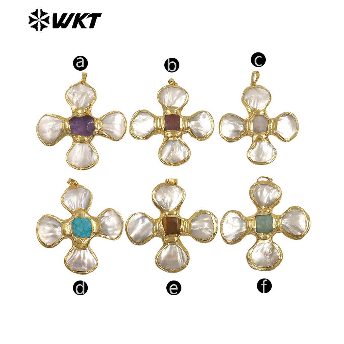 WT-JP425 Fashion Attractive Gold Plated Shell Middle With Natural Gemstones Flowers Shape Pendant For Jewelry Diy Making