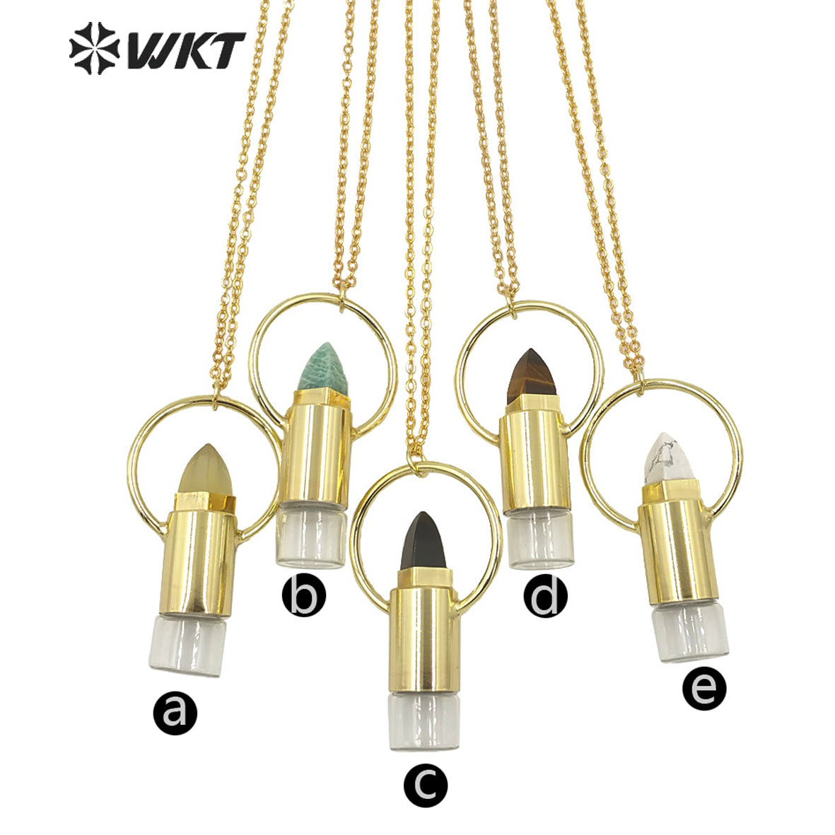 WT-N1295 WKT Women Bohemian Style Gold Plated Roll Gemstone Perfume Bottle Necklace Big Healing Stone Quartz Perfume Bottle