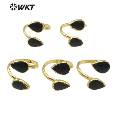 WT-R348 Wholesale Double Teardrop Natural Black Agate Ring Fashion Gold Plated Women Charm Jewelry Natural Stone Ring