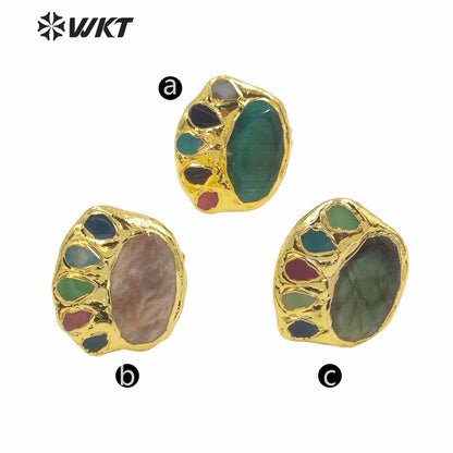 WT-R472 New Design Colorful Gemstone Ring With Pearl Charms Women Fashion Gold Plated Peacock Stone Ring Boho Charming Ring