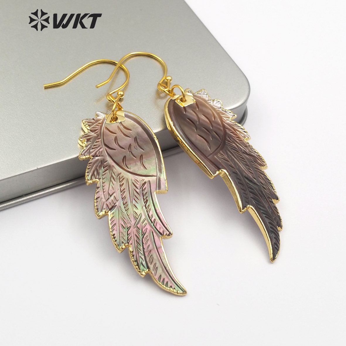 WT-E242 Newest Gorgeous Natural Genuine Abalone Shell Feather Earrings 18K Gold Dipped Carved Shell Feather Earrings