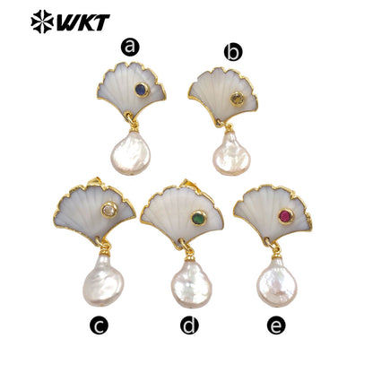 WT-MPE194 Luxury 18K Gold Plated Zircon And Shell Connect Natural Pearl Earrings For Women Vintage Trendy Jewelry Accessory