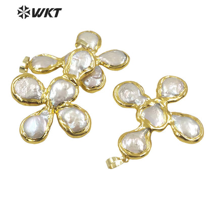WT-JP273 Wholesale Fashion Gold Electroplated Natural Freshwater Pearl Pendant Women Irregular Pearl Cross Shape Pendants