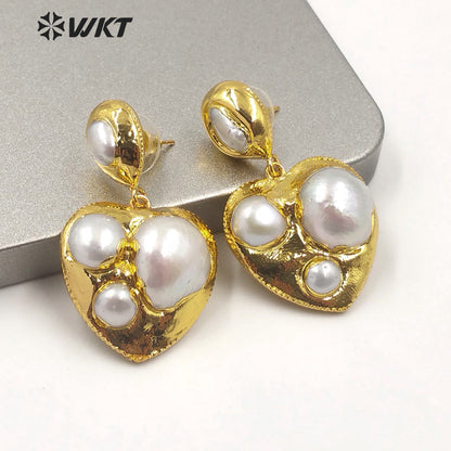 WT-MPE019 Gold Plated Freshwater Pearl Heart Earring Lady Classic Jewelry Natural Pearl Heart Shape Earring