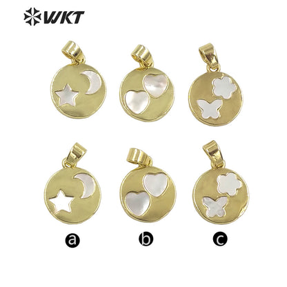 WT-JP325 Wholesale New Round Gold Bezel Shell Moon and Star Pendant Lovely Energy Heart Shell Charms for Friend Gift