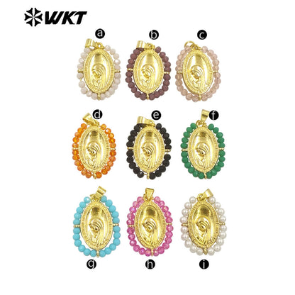 WT-MN995 WKT 18K Gold Plated Yellow Brass Metal Carved With Handmade Wire Wrapped Crystal Beads the Beauty Face Necklace