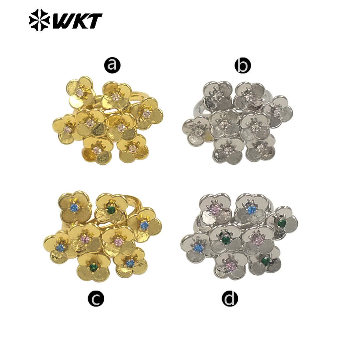 WT-MR038 WKT New Design Micro Pave Colorful Cubic Zircon Attractive Flower Ring for Friend Gift