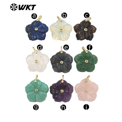 WT-P2029 Delicate Fashion Zircon And Natural Gemstones Hand Carved Lovely Flower Shape Pendant For Ladies Jewelry Making
