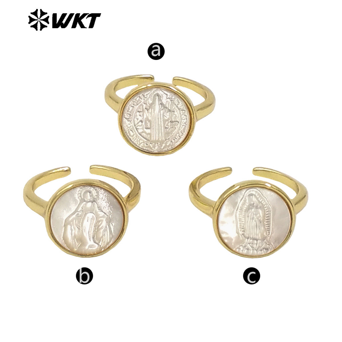 WT-MPR091 WKT New Religious Jewelry Design Elegant White Mop Carved Lady of Grace Saint Ring for Women
