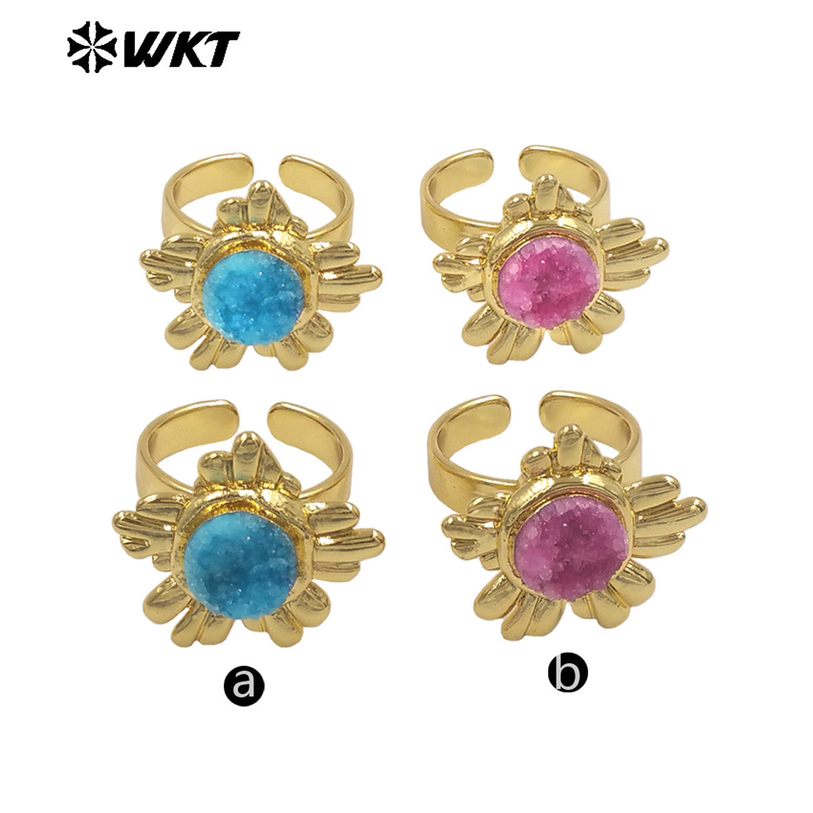 WT-R609 Beautiful Gold Plated Natural Druzy Quartz Stone Sun Flower Shape Women Rings For Party Trendy Wearing Accessory