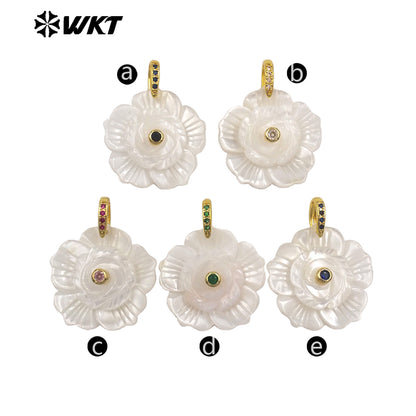 WT-JP476 Exquisite Elegant Design White Shell And Zircon Hand Carved Flower Shape Little Pendants As Lady Earrings DIY Findings