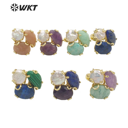 WT-R418 Women 18k Real Gold Plated Resist Tarnishable Triple Stone Prong Setting Natural Stone and Pearl Mix Party Ring