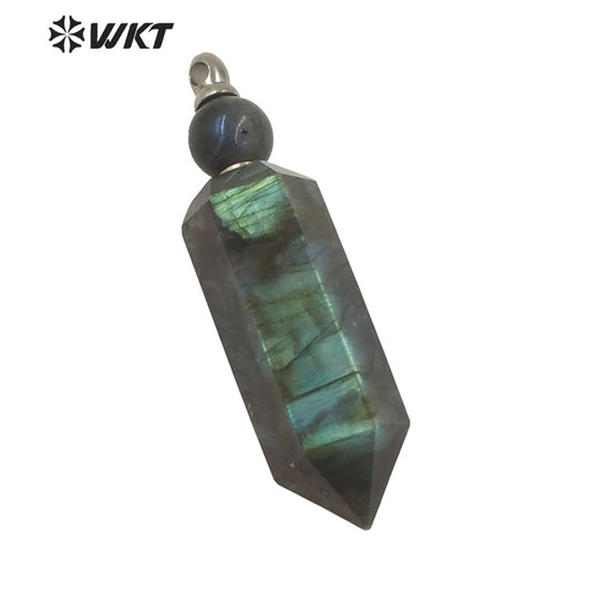 WT-P1619 Amazing Stainless Steel Hexagonal Natural Labradorite Stone Perfume Bottle Pendant Fashion Steel Spirit Point Bottle