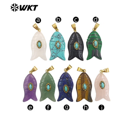 WT-P2012 Wonderful Gold Plated Fish Shape Multi Colors Natural Gemstones Set In Small Stone Pendants For Unique Jewelry Making