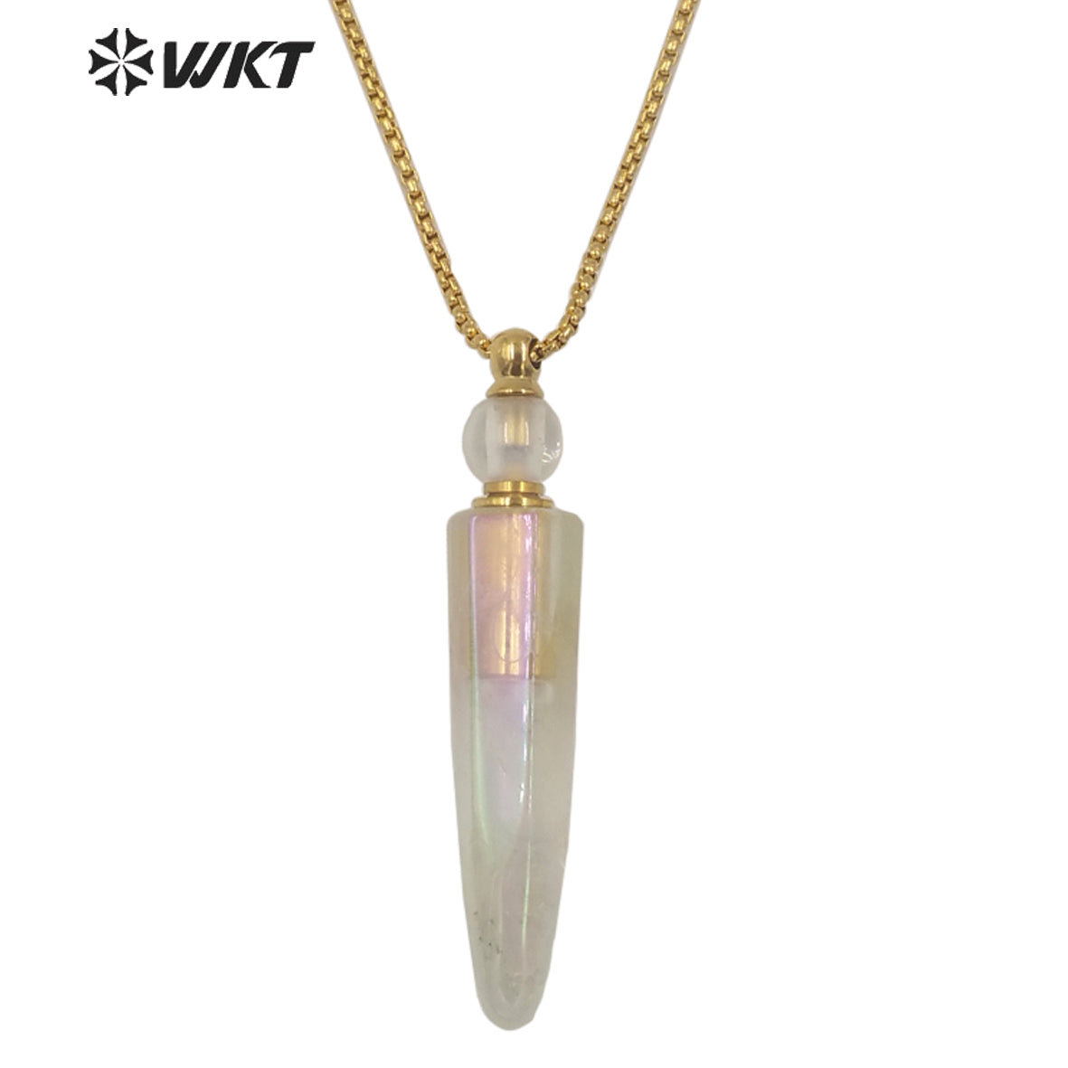 WT-N1258 Wholesales Gorgeous Long Angel Color Crystal Quartz Point Essential Oil Bottle Necklace Gorgeous Aura Stone Necklace