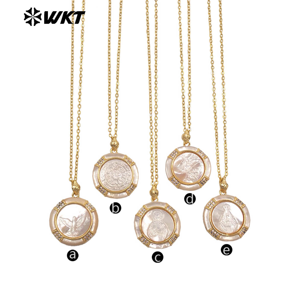 WT-JN364 Wholesale Gold Plated Natural Shell With Zircon Round Religious Style Pattern Pendant Necklace For Lady Jewelry
