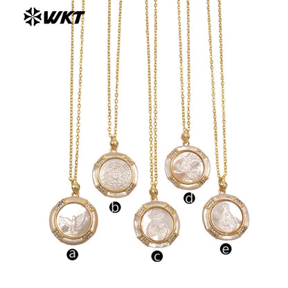 WT-JN364 Wholesale Gold Plated Natural Shell With Zircon Round Religious Style Pattern Pendant Necklace For Lady Jewelry