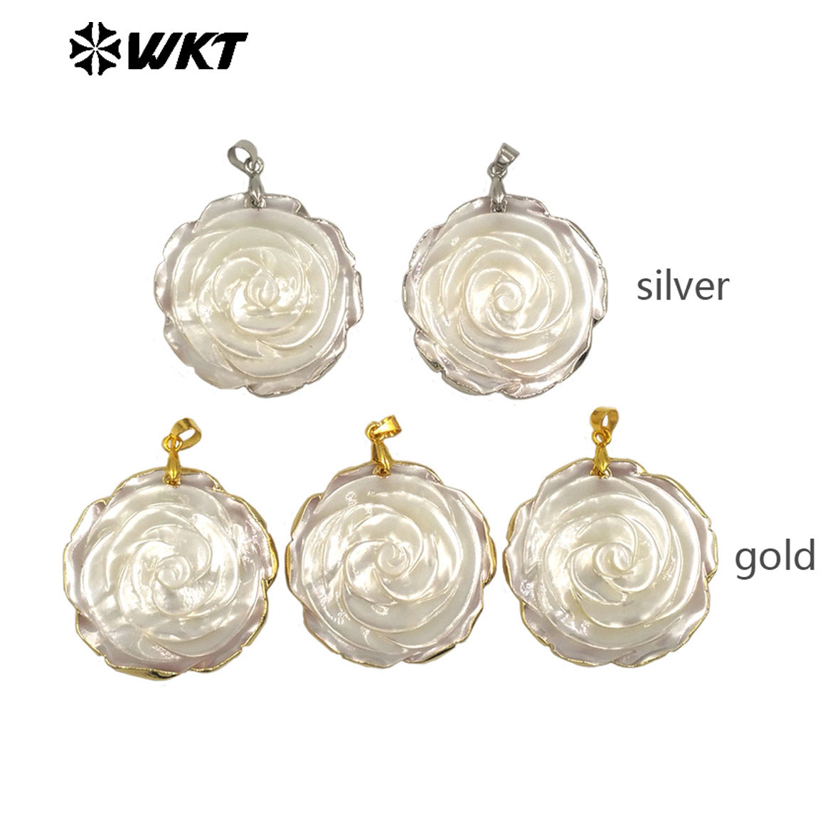 WT-JP404 Luxury Exquisite Rose Flower Shape Pendant Raw Natural Shell Hand Carved Gold Silver Plated Elegant Style Jewelry DIY