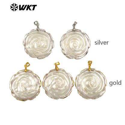 WT-JP404 Luxury Exquisite Rose Flower Shape Pendant Raw Natural Shell Hand Carved Gold Silver Plated Elegant Style Jewelry DIY