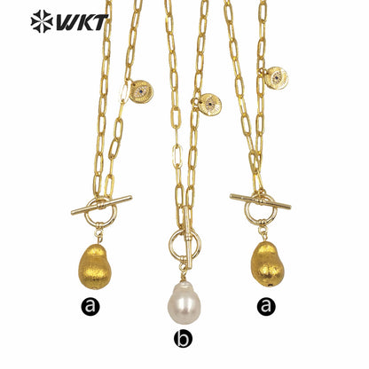 WT-JN129 WKT Wholesale Natural Freshwater Baroque Pearl Pendant Necklace Women Fashion Gold Brass Chain Casual Pearl Necklace