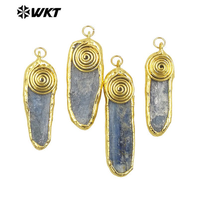 WT-N1466 Amazing Special Hand Craft Gold Plated Randomly Shape Natural Raw Blue Kyanite Pendant Necklace