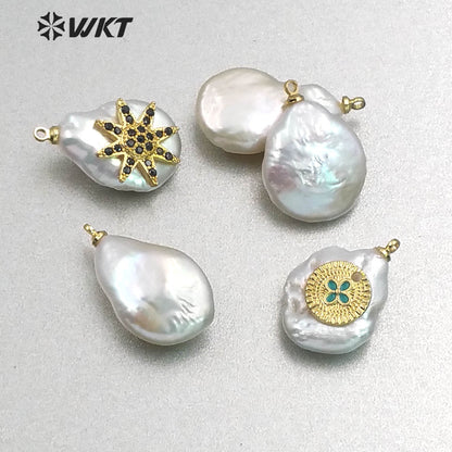 MP132 Wholesale Popular Moon Pendant Pearl with Cz Micro Pave Lady Fashion Irregular Shape Jewelry Freshwater Pearl Pendant