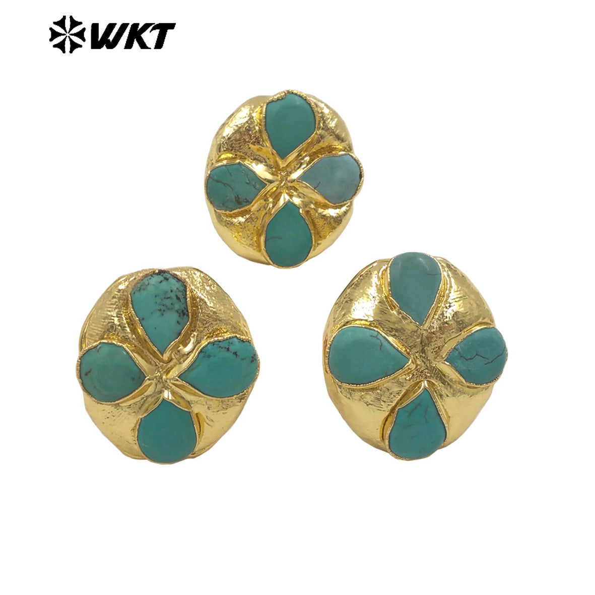 WT-R576 Beautiful Design Gold Electroplated Natural Green Turquoise Stone Flower Shape Rings For Lady Party Decorative Jewelry