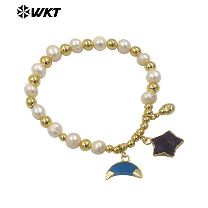 MPB127 High Quality Lovely Pearl Bracelet With Moon and Star Stone Charms Gold Electroplated for Ladies Jewelry Accessories