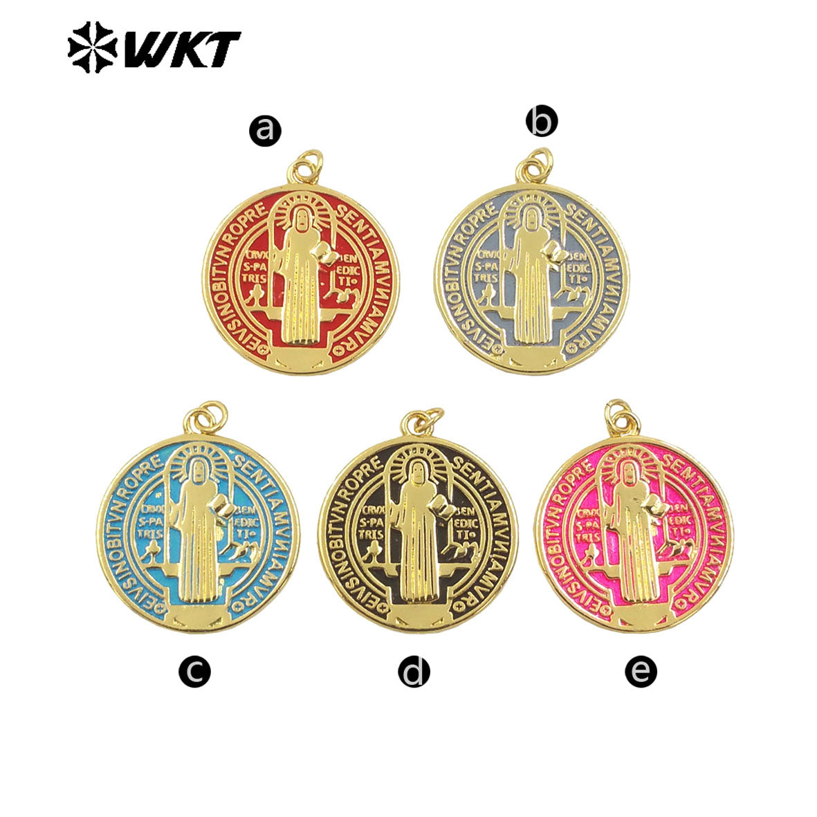 WT-MN992 Wholesale Fashion Gold Plated Round St Benedict Medal Religious Necklace in Drop Oil Craft