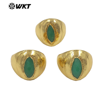 WT-R575 Wholesale Boutique Simple Design 18K Gold Plated Natural Green Jade Stone Women Ring For Daily Wearing Jewelry