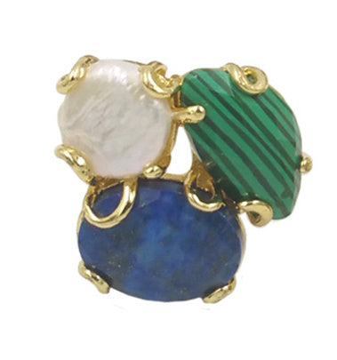 WT-R418 Women 18k Real Gold Plated Resist Tarnishable Triple Stone Prong Setting Natural Stone and Pearl Mix Party Ring