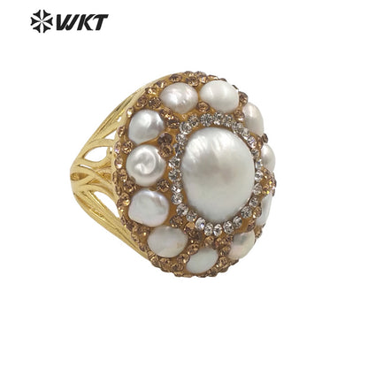 WT-MPR046 WKT Newest Handmade Rhinestone Setting Multi Pearl Ring Women Gold Plated Freshwater Pearl Wedding Ring for Gift