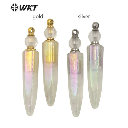 WT-P1620 Wholesale New Design Long Natural Crystal Quartz Angel Aura Perfume Bottle Pendant Fashion Natural Stone Aura Bottle