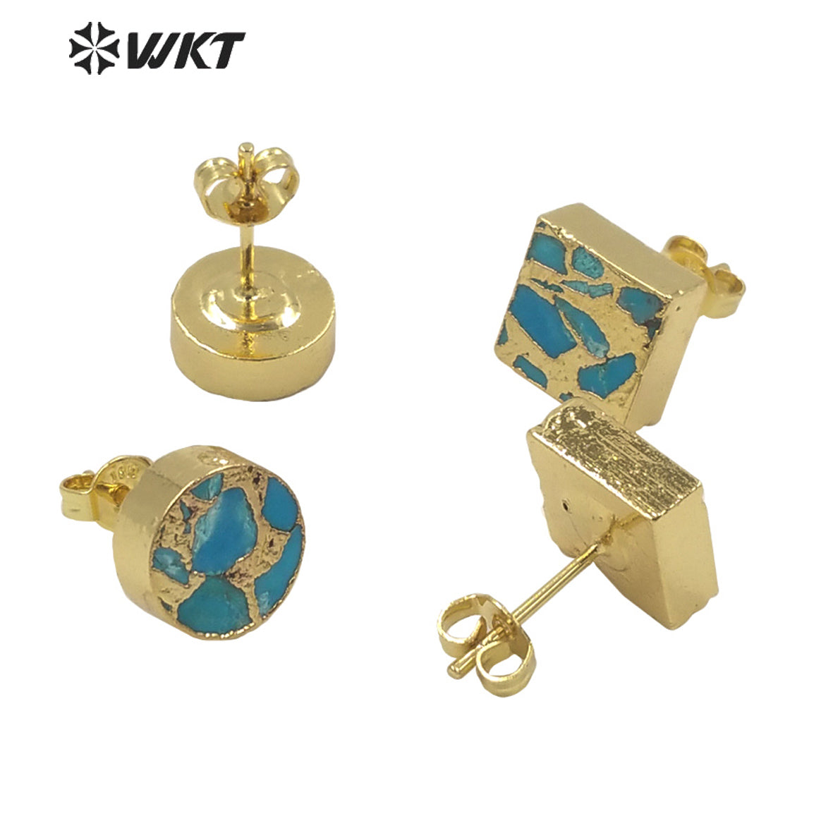 WT-E645 Wholesale Fashion Tiny 10mm Copper Turquoise Earrings Studs Lady Chick Gold Electroplated Stone Studs for Friends