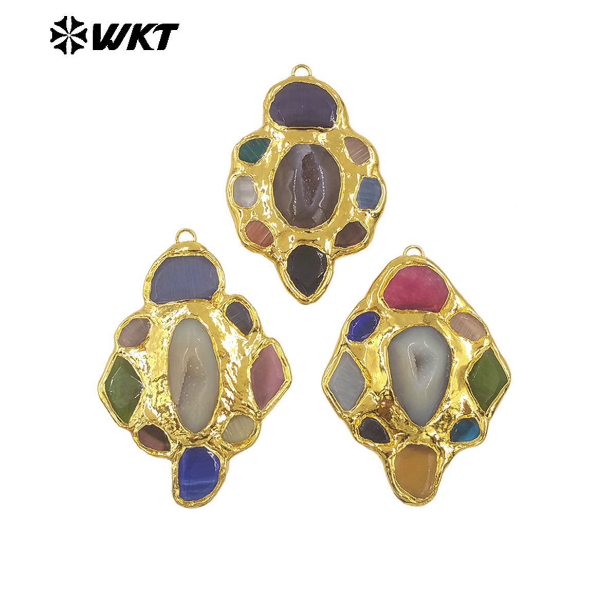 WT-P2009 Newest Design Gorgeous Multi Natural Gemstones Back Full 18K Gold Plated Charm Pendant For Women Jewelry Making
