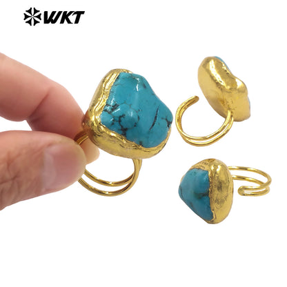 WT-R579 Vintage Fashion Gold Plated Natural Green Turquoise Irregular Stone Women Rings As Dance Party Wearing Jewelry