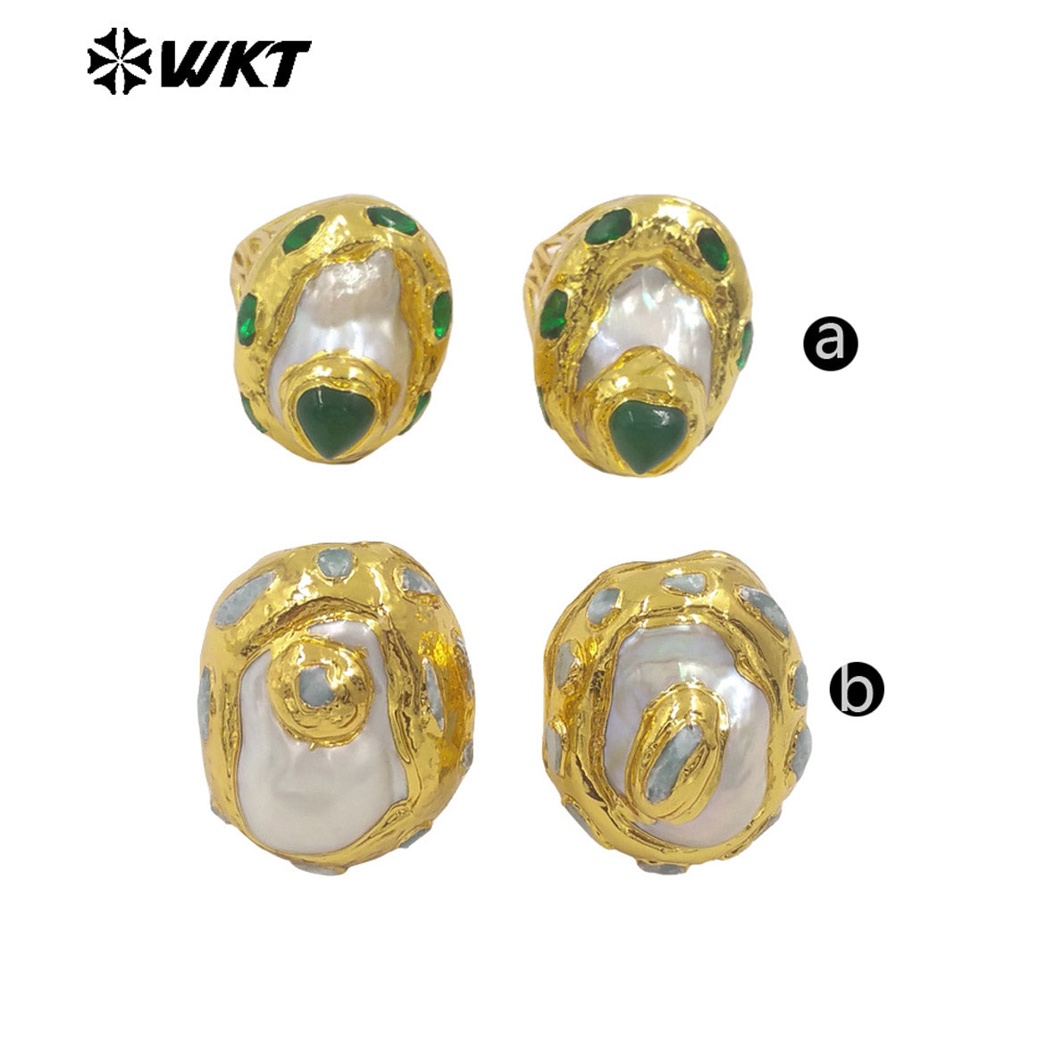 WT-MPR141 Wonderful Small Natural Green Jade And Larimar Stone With Pearl Gold Plated Rings For Women Boutique Jewelry