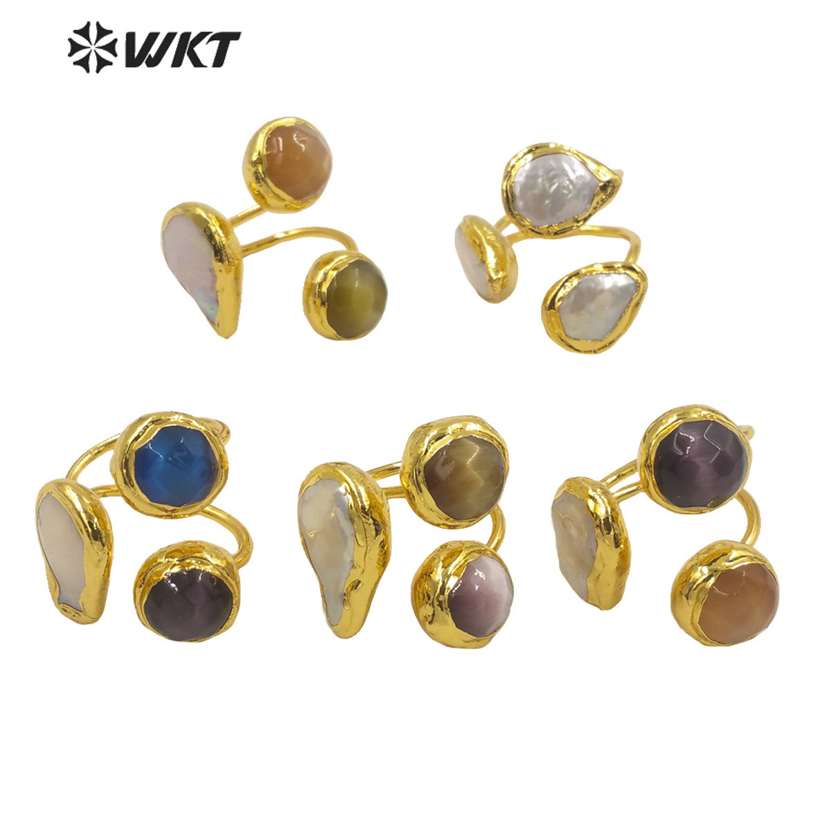 WT-R372 Newest Triple Stone Pearl Women Ring Gold Electroplated Stone Ring Fashion Adjustable Cat Eye Stone Anneversary Ring