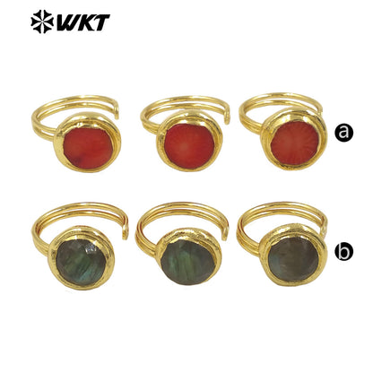WT-R556 Wholesale 18K Gold Plated Round Red Coral and Black Labradorite Open Size Unisex Ring for Friends As Birthday Gifts