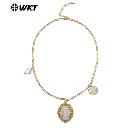 WT-JN322 Wholesale 18K Gold Electroplated Pearl Shell Pendant Necklace Hand Carved Virgin Mary Pattern Vintage Women Jewelry