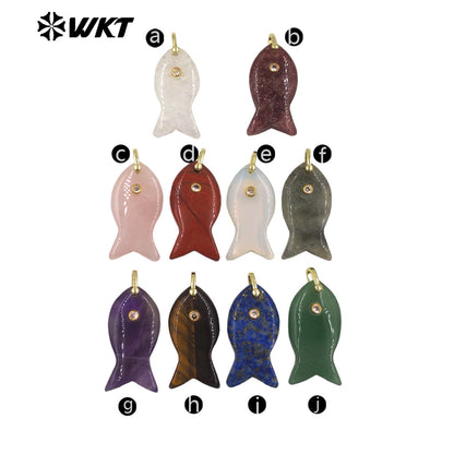 WT-P2088 Popular Interesting Style Zircon And Natural Gemstones Fish Shape Gold Pendant As Female Jewelry DIY Accessories