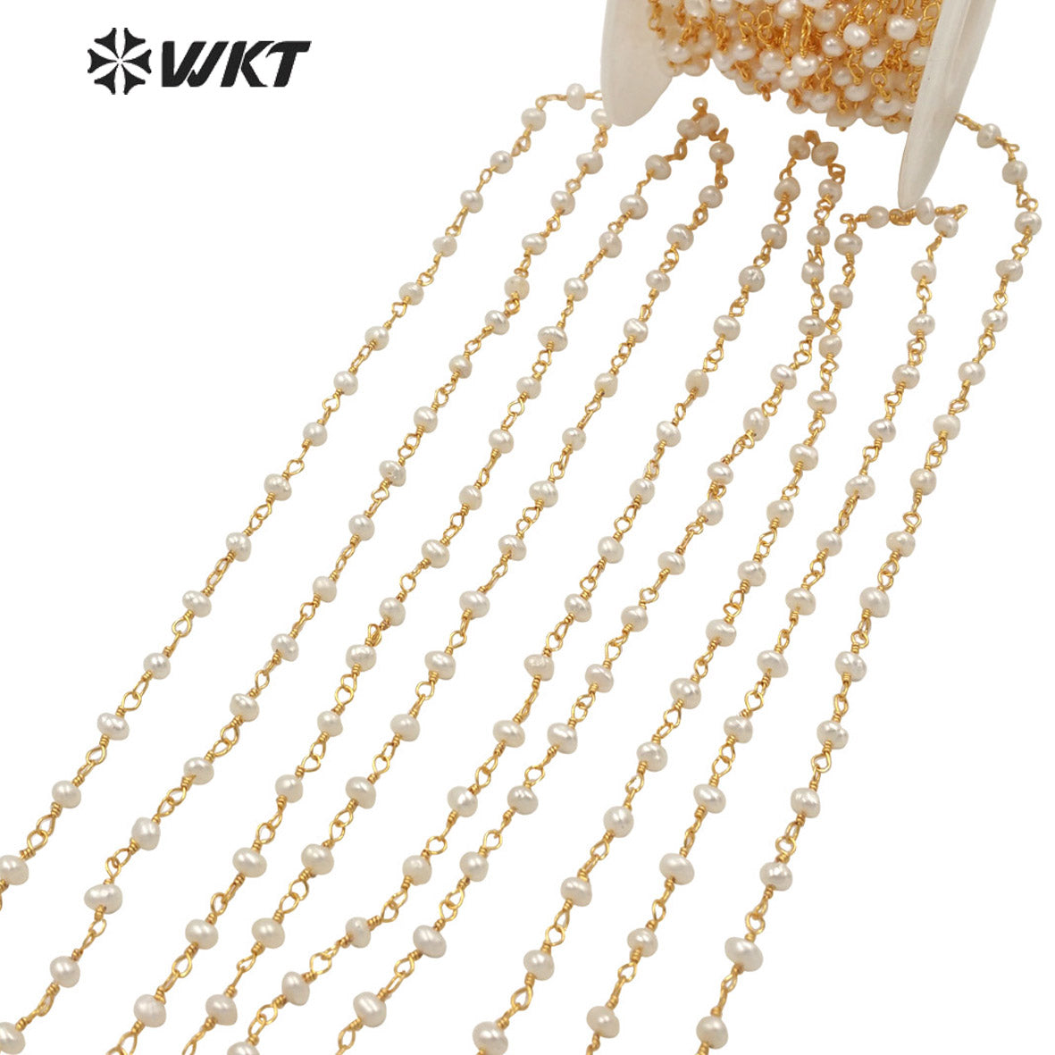 WT-RBC186 Amazing 18k Real Gold Plated Resist Tarnishable Natural Freshwater Pearl Beads Chain for Jewelry Design Pearl Chain