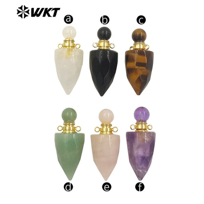 WT-P1979 New Design Fashion Gold Plated Faceted Natural Gemstone Carved Bullet Point Perfume Bottle Pendant for Necklace