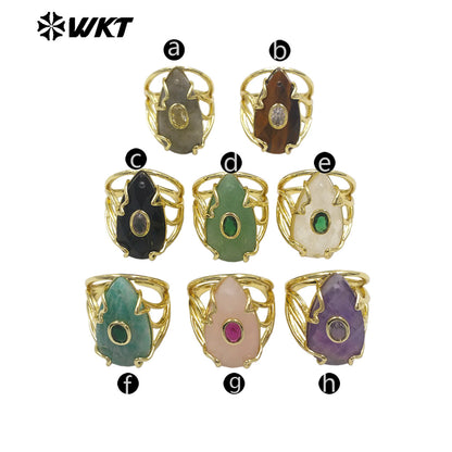 WT-R613 Wonderful Gold Plated Round Zircon And Various Natural Gemstones Waterdrop Shape Rings For Women Dance Party Matching
